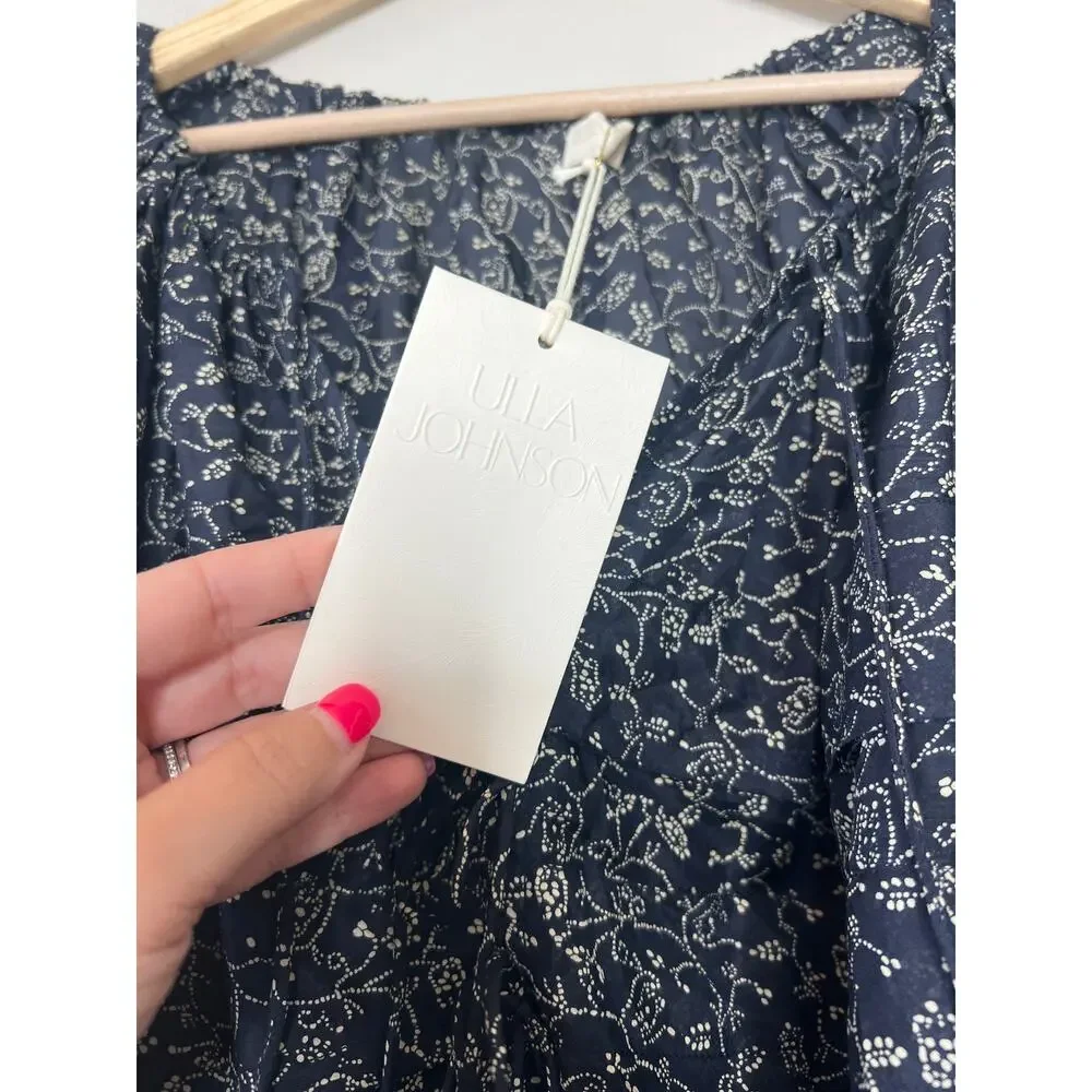 NWT Ulla Johnson Cora Puff-Sleeve Tie Layered Boat Neck Blouse Navy Blue Size: 2